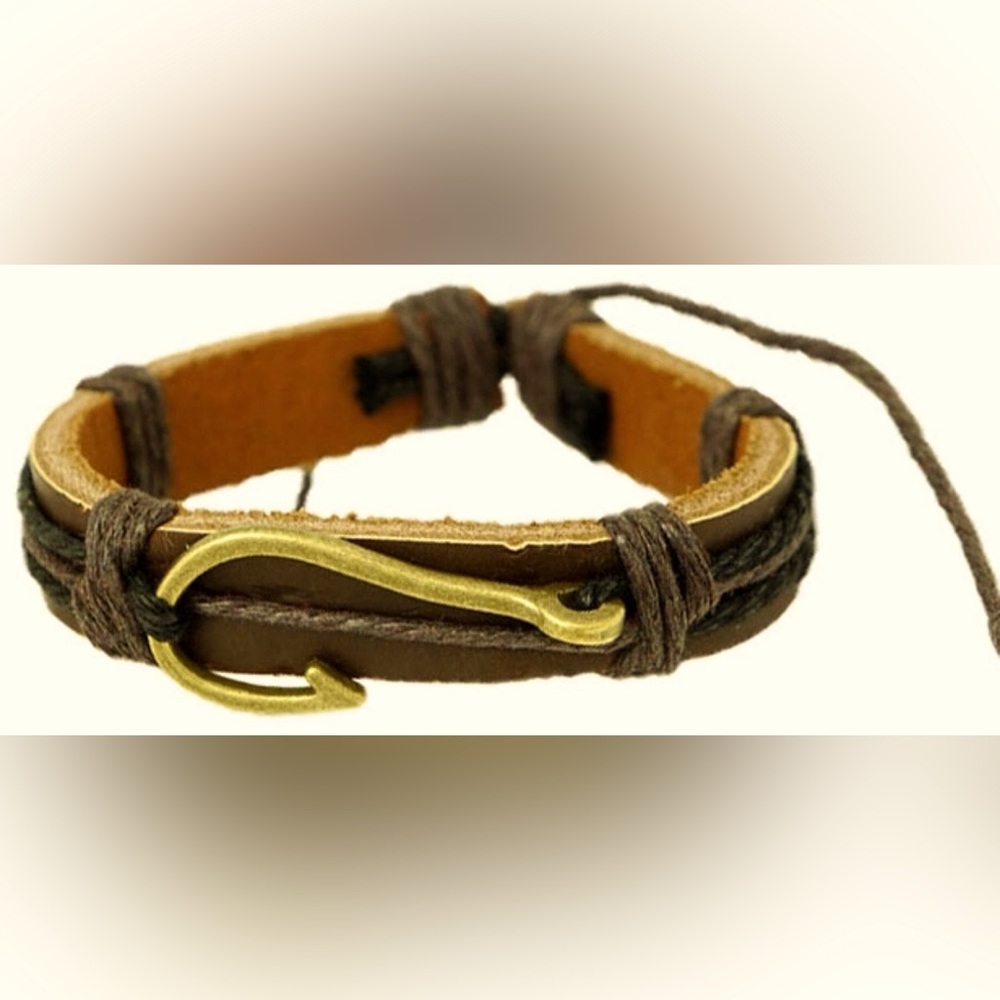 Rustic Brown Leather Antique Brass Fishing Hook Adjustable Bracelet unis…